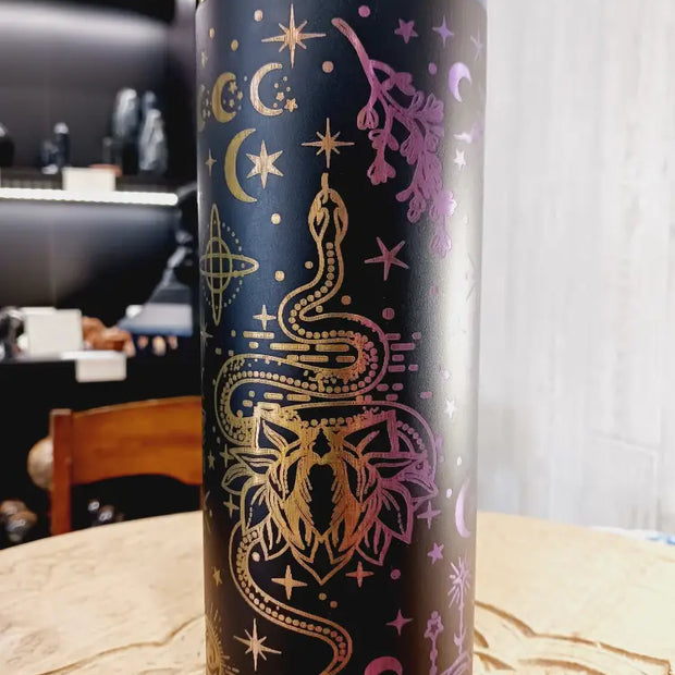 🌈🔮 20 oz. Black and Rainbow Metal Tumbler – Pagan Symbol Laser Etched Magical Hydration and Adventure-Ready! ✨