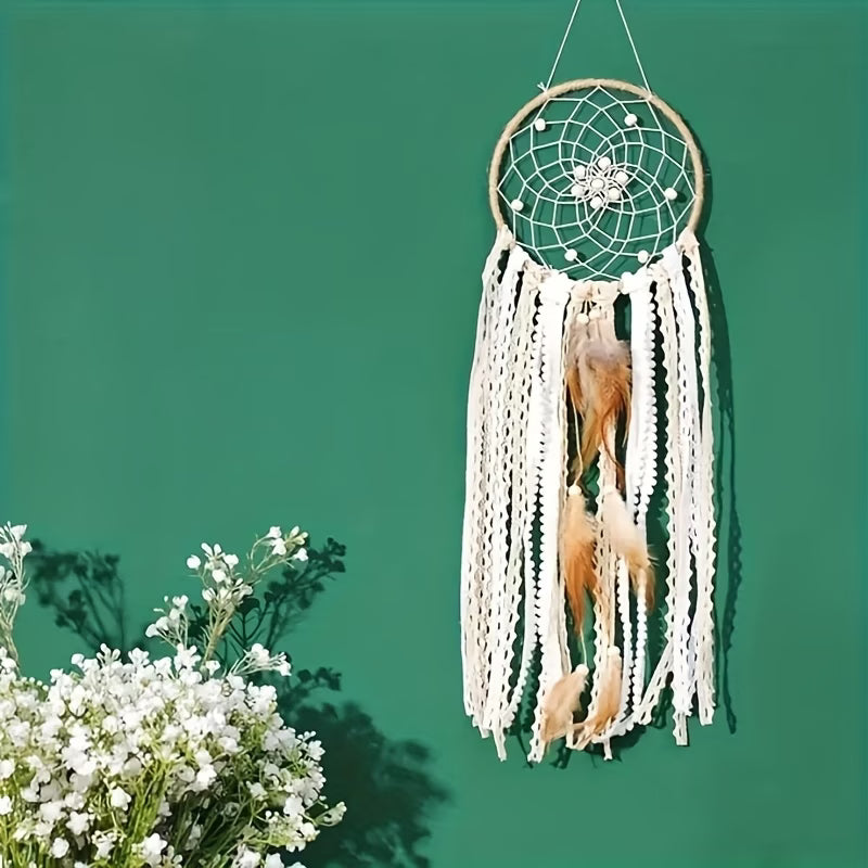 6" x 19" Lace, Jute, and Cream Dream Catcher with Feathers