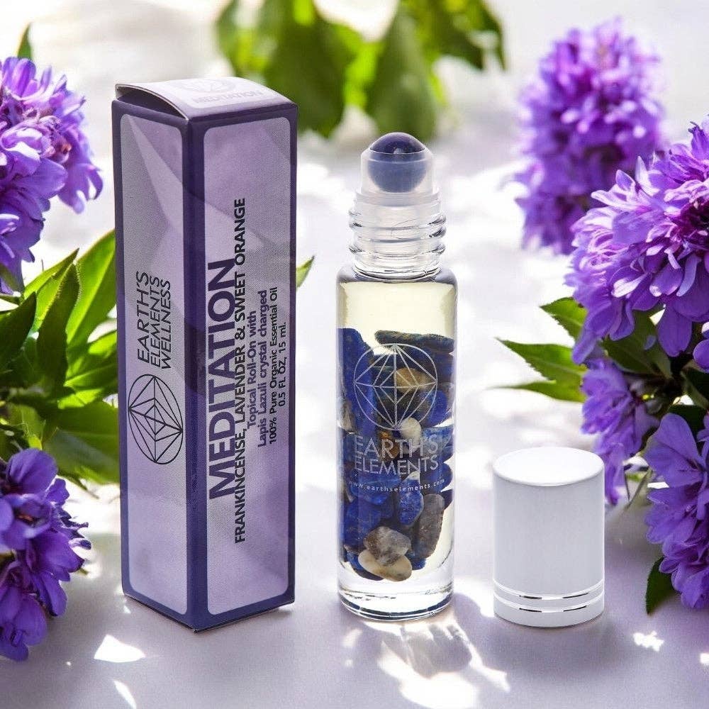 Earth’s Elements Wellness Focus Meditation Essential Oil + Sodalite Crystal Roll-On (Lemon + Peppermint)