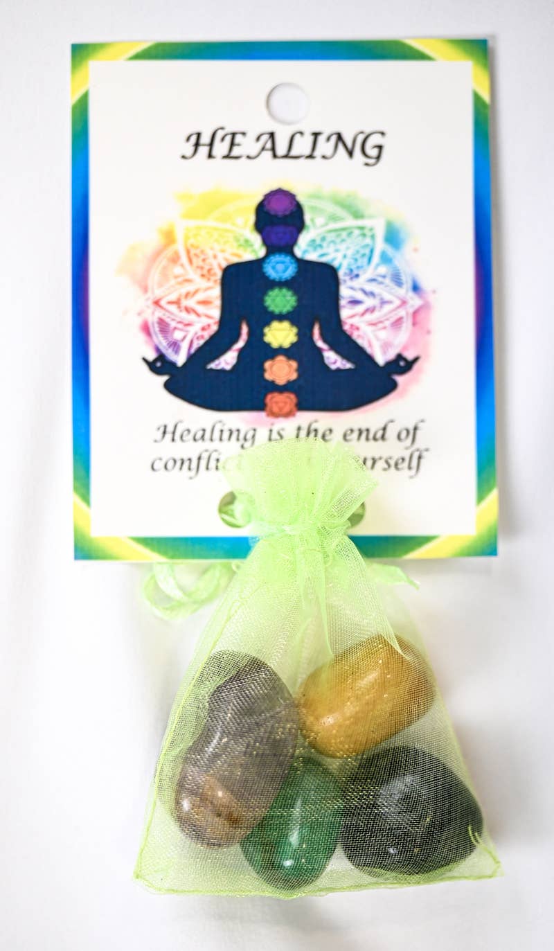 Healing Crystal Tumble Healing Bag (Black Agate, Amethyst, Green Onyx + Golden Quartz)