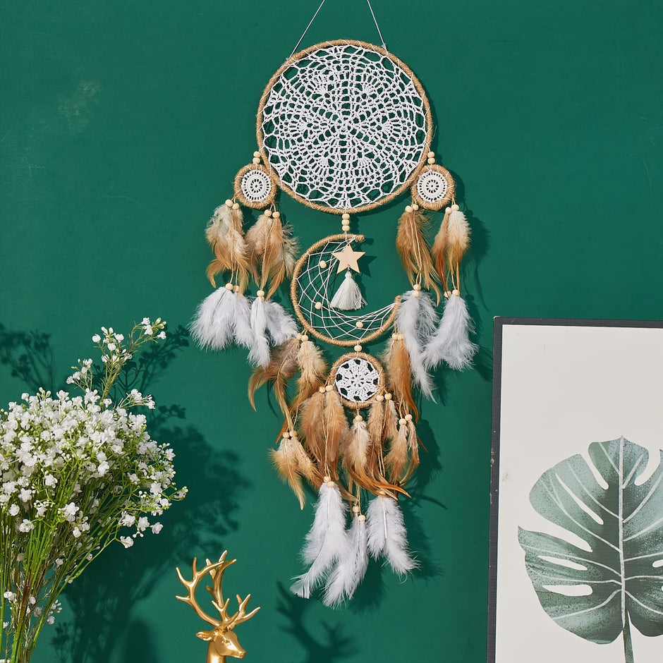 8 x 25" Boho Dream Catcher with Moon, Stars and Feathers