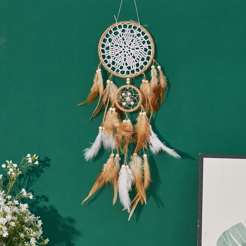 5" x 16" Double Dream Catcher in Cream and Jute with Feathers and Lace