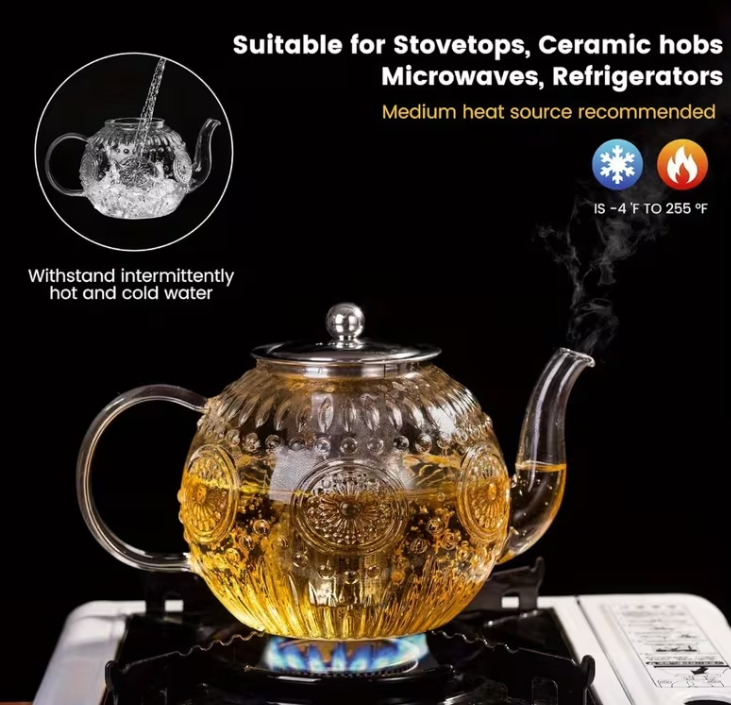 Vintage Glass Teapot, 50OZ Stovetop Safe Borosilicate Tea Kettle