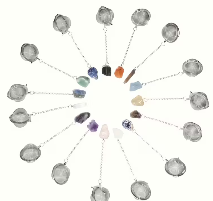 Crystal-Ended Tea Steeper (Silvery Tea Strainer) — Intuitively Chosen Natural Crystal