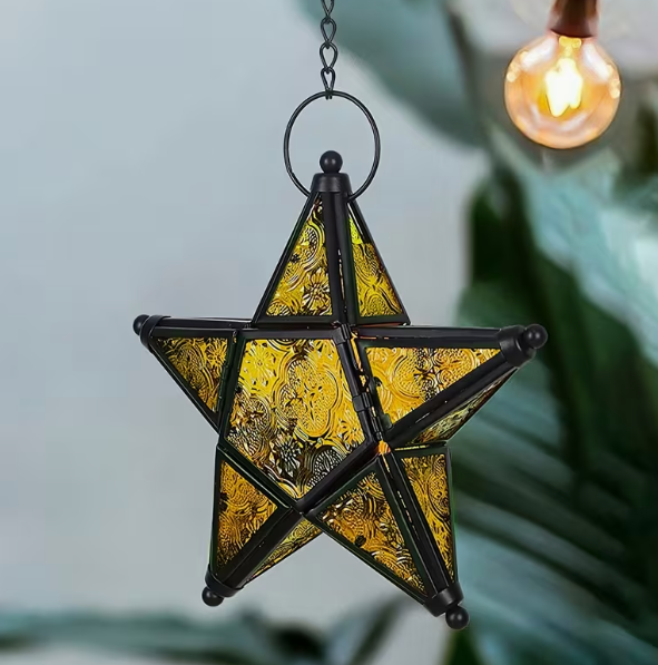 Moroccan Retro Style Windproof Glass Tea Light Holder (Pentagram / Pentacle) — Assorted Colors (7.32” x 7.75”)