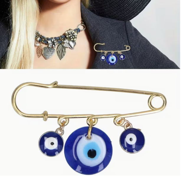 Evil Eye Heavy Duty Safety Pin (Large, 2.5”) — Triple Evil Eye Charm