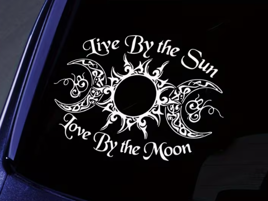 Live by the Sun – Love by the Moon Vinyl Sticker (Sun & Moon Witch Runes Goddess) — 3.36” x 4.72”