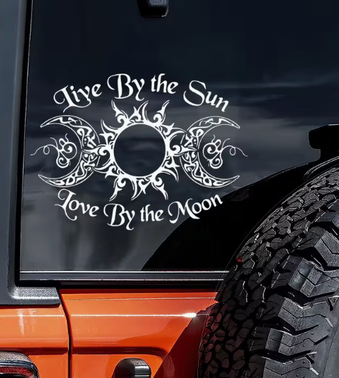 Live by the Sun – Love by the Moon Vinyl Sticker (Sun & Moon Witch Runes Goddess) — 3.36” x 4.72”