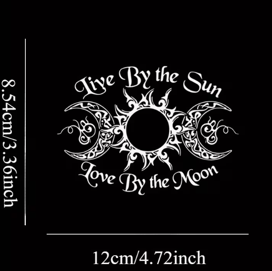 Live by the Sun – Love by the Moon Vinyl Sticker (Sun & Moon Witch Runes Goddess) — 3.36” x 4.72”
