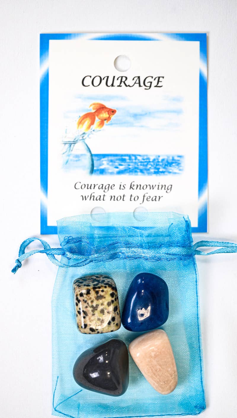 Courage Crystal Tumble Healing Bag (Blue Onyx, Dalmatian Jasper, Moonstone + Gray Agate)