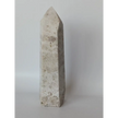 Hand-carved Albite Mica tower featuring radiant white albite with shimmering mica inclusions, displayed on a white background.