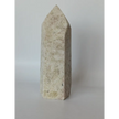 Hand-carved Albite Mica tower featuring radiant white albite with shimmering mica inclusions, displayed on a white background.