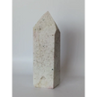 Hand-carved Albite Mica tower featuring radiant white albite with shimmering mica inclusions, displayed on a white background.