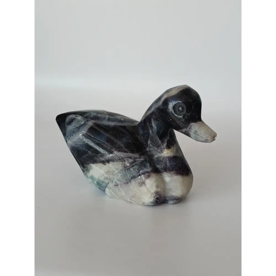 Assorted hand-carved animal figurines made from Blue Tiger’s Eye, Fluorite, and Tiger’s Eye crystals, each featuring unique colors and patterns, displayed on a white background.