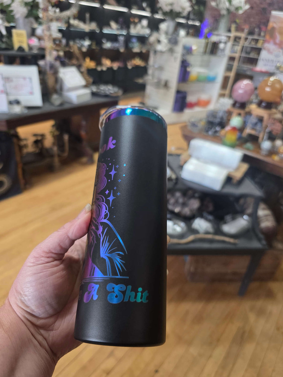 Black & Aura Rainbow 20oz Tumbler – Crystal Ball “Oh Look Nobody Gives a Shit” 🔮🌈