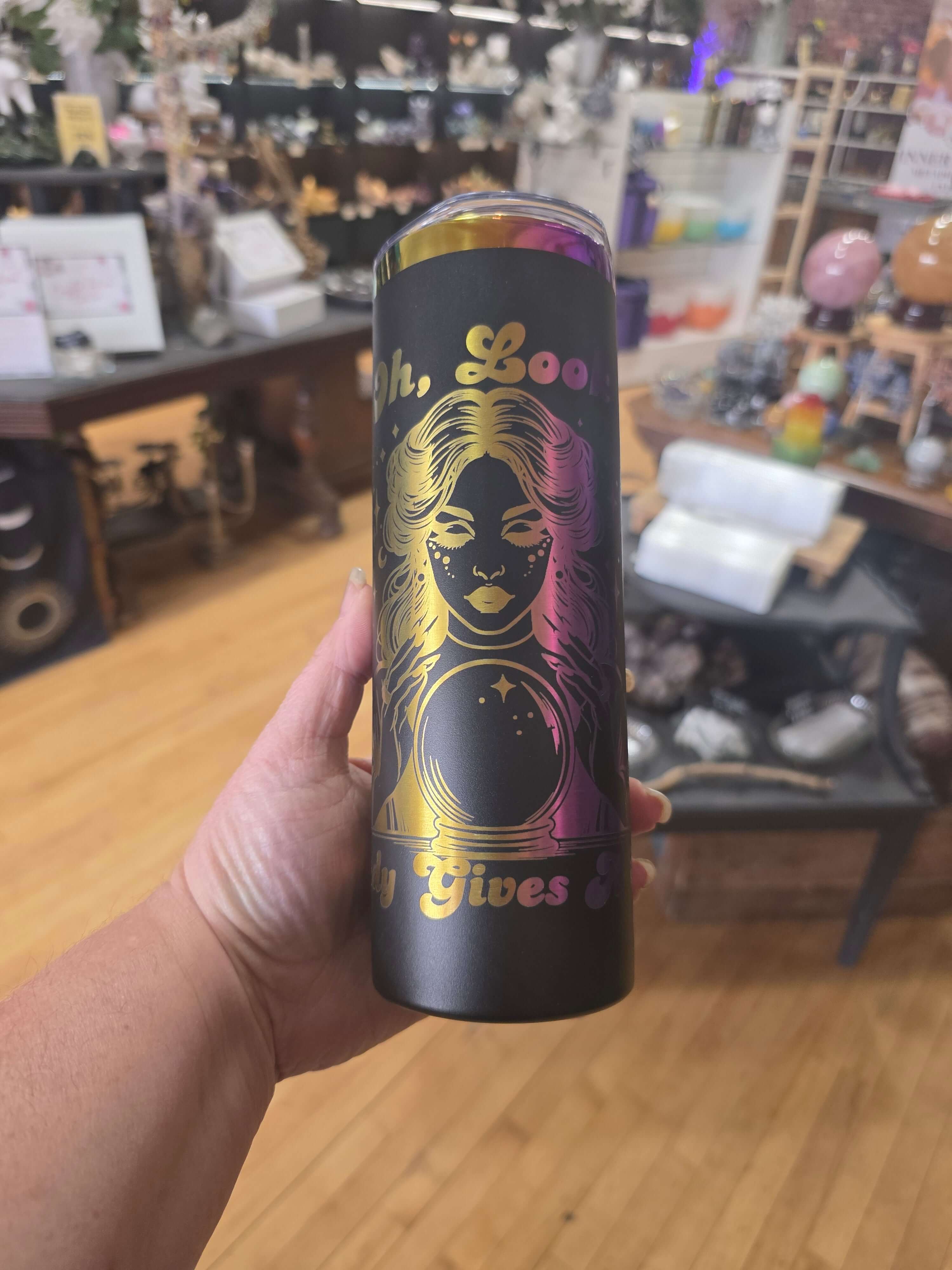 Black & Aura Rainbow 20oz Tumbler – Crystal Ball “Oh Look Nobody Gives a Shit” 🔮🌈
