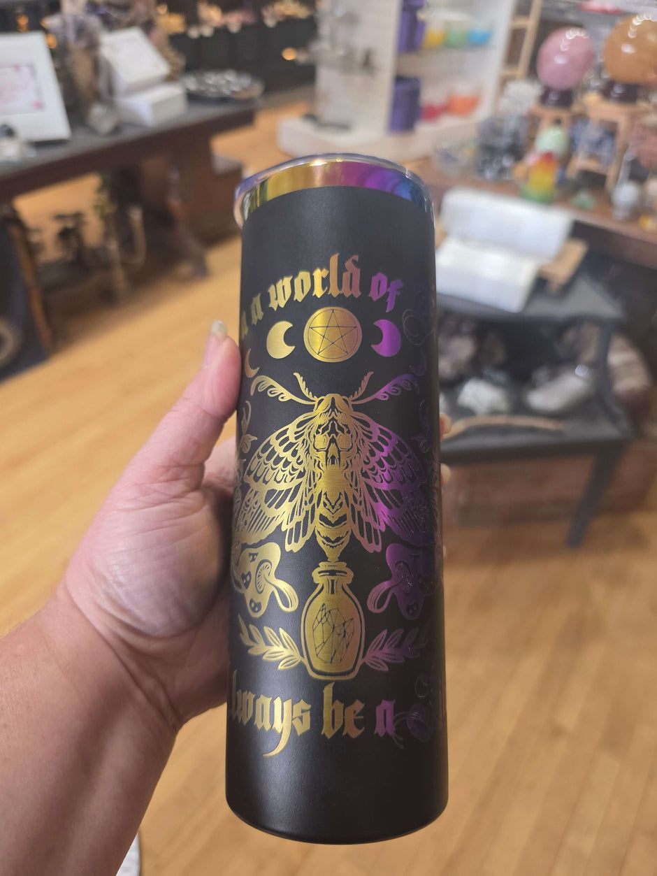 Black & Rainbow Aura 20oz Slim Tumbler – “In a World of Eves Always Be a Lilith” with Death Head Moth 🦋🌈