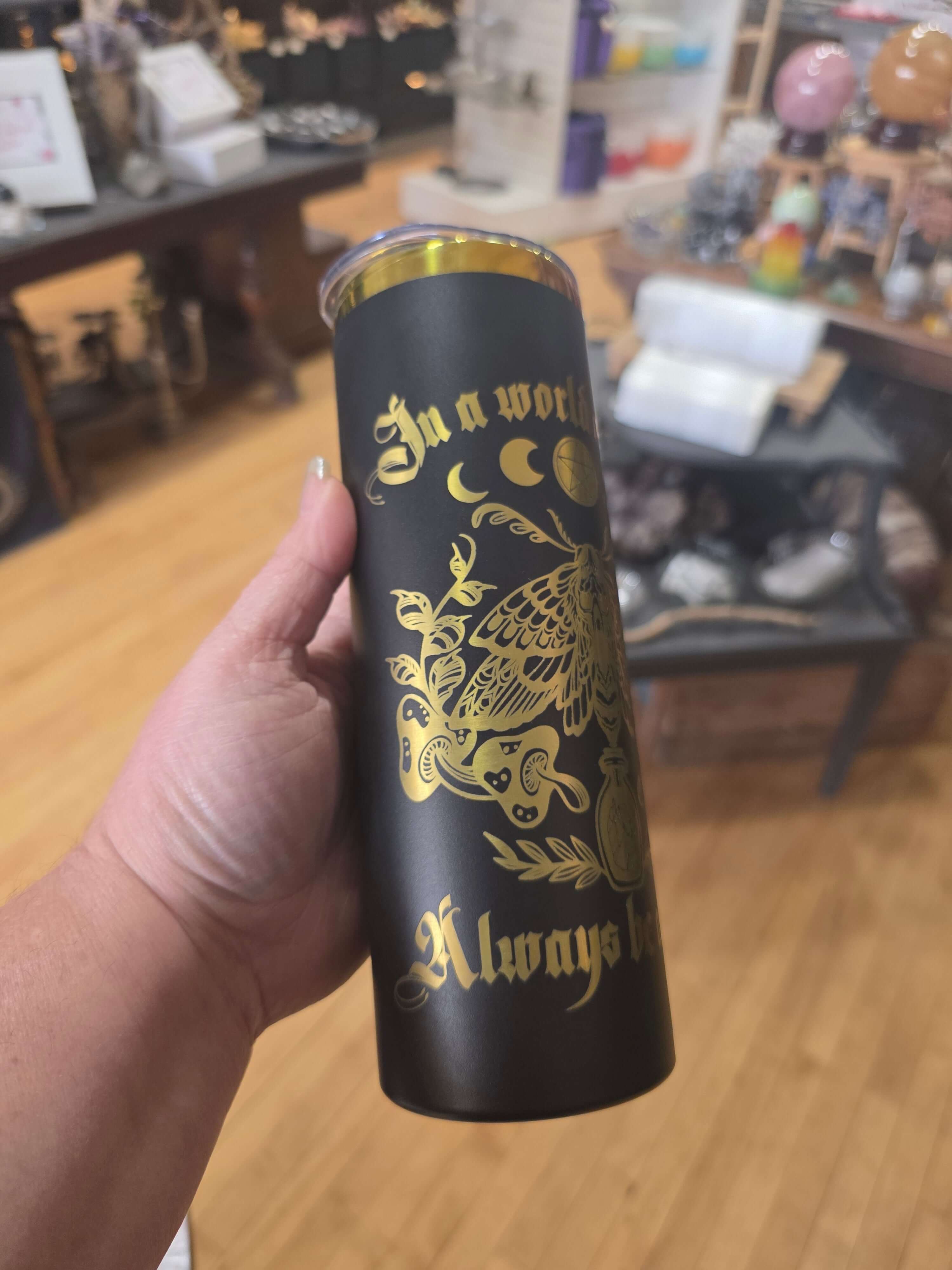 Black & Rainbow Aura 20oz Slim Tumbler – “In a World of Eves Always Be a Lilith” with Death Head Moth 🦋🌈