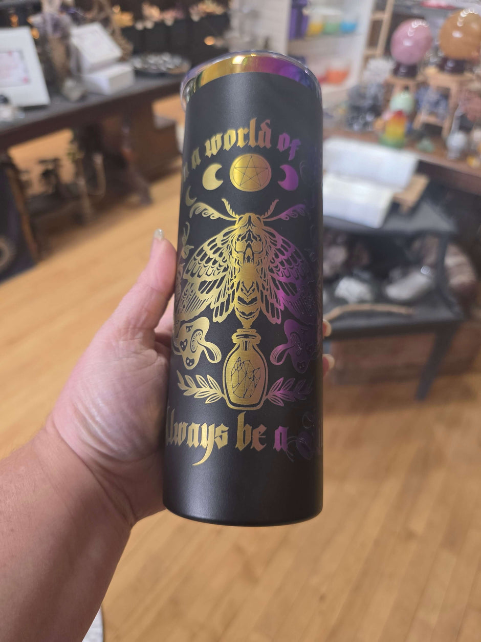 Black & Rainbow Aura 20oz Slim Tumbler – “In a World of Eves Always Be a Lilith” with Death Head Moth 🦋🌈