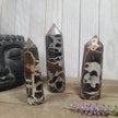 Hand-polished Black Septarian stone featuring bold yellow, brown, and black patterns, displayed on a white background.