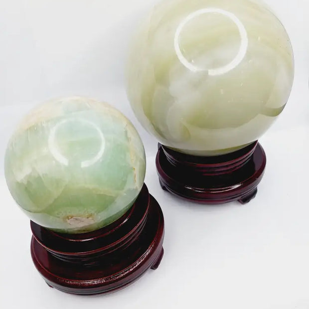 🌊💚 Blue-Green Calcite Spheres with Free Stand – Calming Energy Heart Healing and Oceanic Beauty! ✨