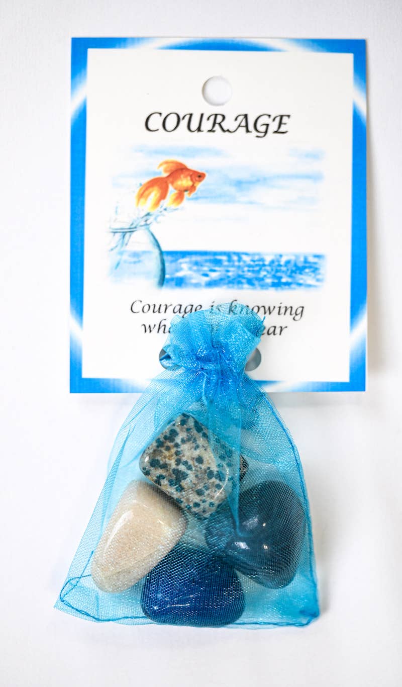 Courage Crystal Tumble Healing Bag (Blue Onyx, Dalmatian Jasper, Moonstone + Gray Agate)