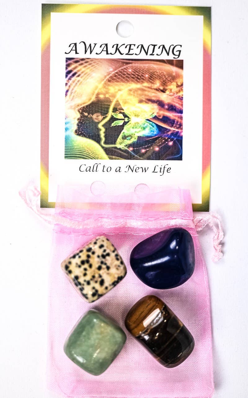 Awakening Crystal Tumble Healing Bag (Green Aventurine, Dalmatian Jasper, Tiger’s Eye + Blue Onyx)