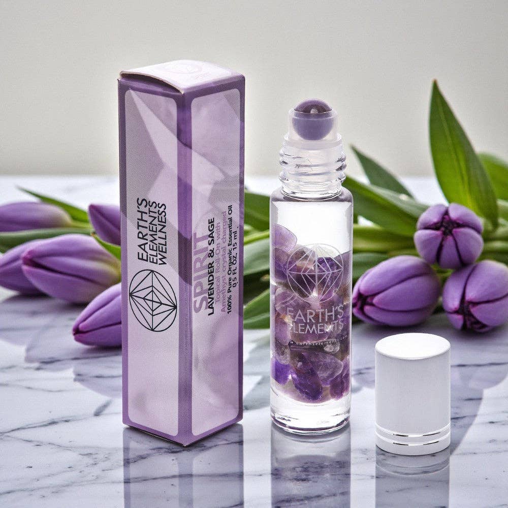 Earth’s Elements Wellness Spirit Essential Oil + Amethyst Crystal Roll-On (Lavender + Sage)