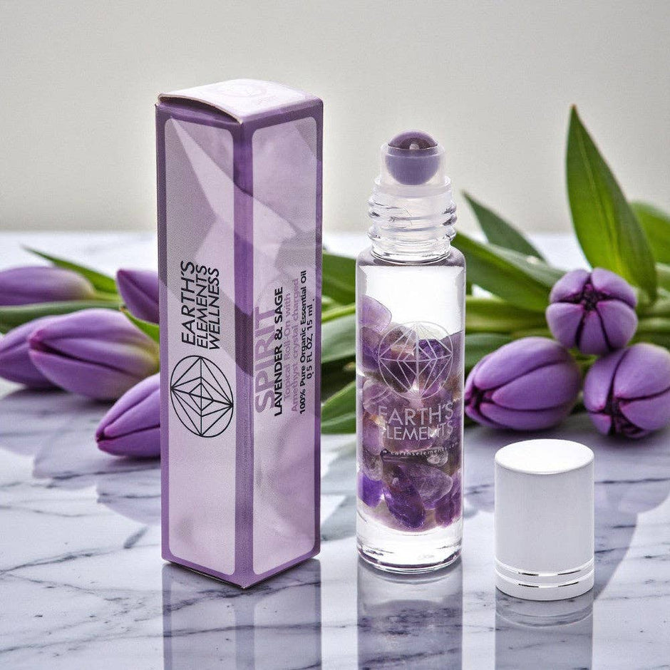 Earth’s Elements Wellness Spirit Essential Oil + Amethyst Crystal Roll-On (Lavender + Sage)