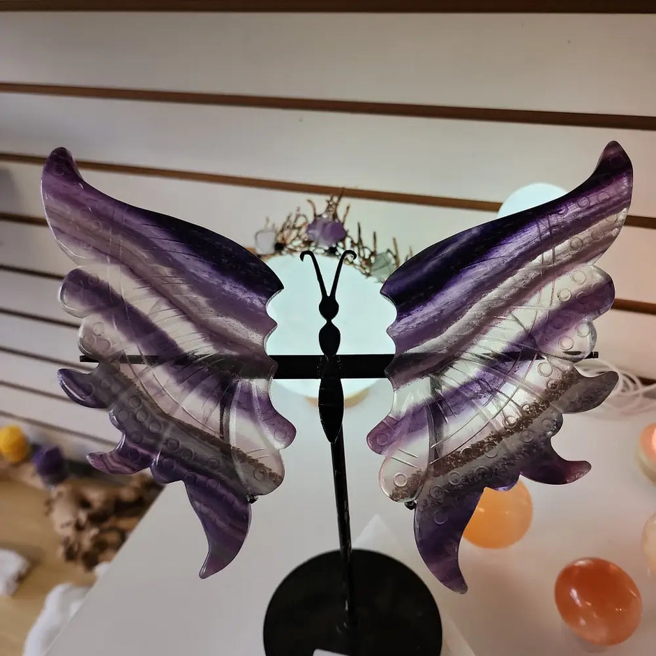 Fluorite Butterfly Slabs on Stand - Gorgeous Rainbow Fluorite Butterfy - Carvings