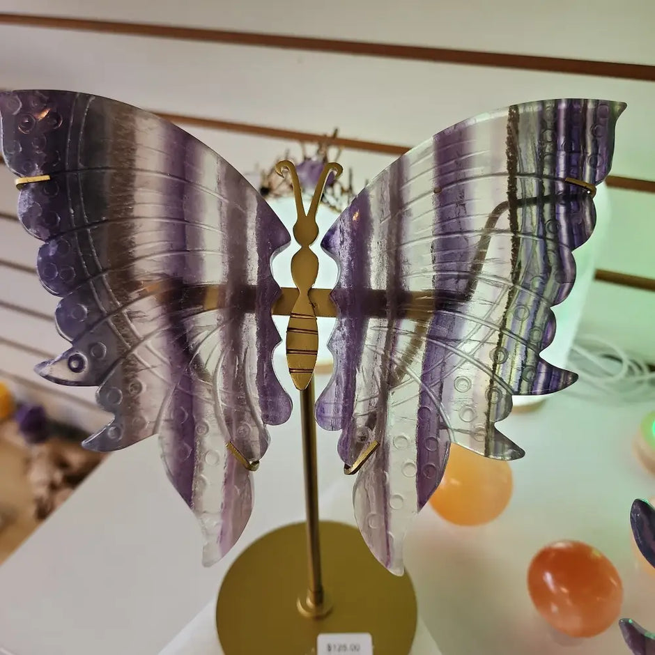 Fluorite Butterfly Slabs on Stand - RAINBOW FLUORITE - Carvings