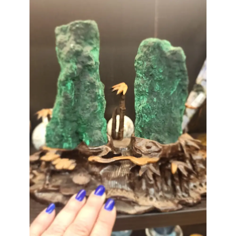 🌴💚 Gorgeous Double Malachite Tower Specimen with Palm Tree Scenery – Nature’s Artistry & Heart Healing! ✨ - Specimens
