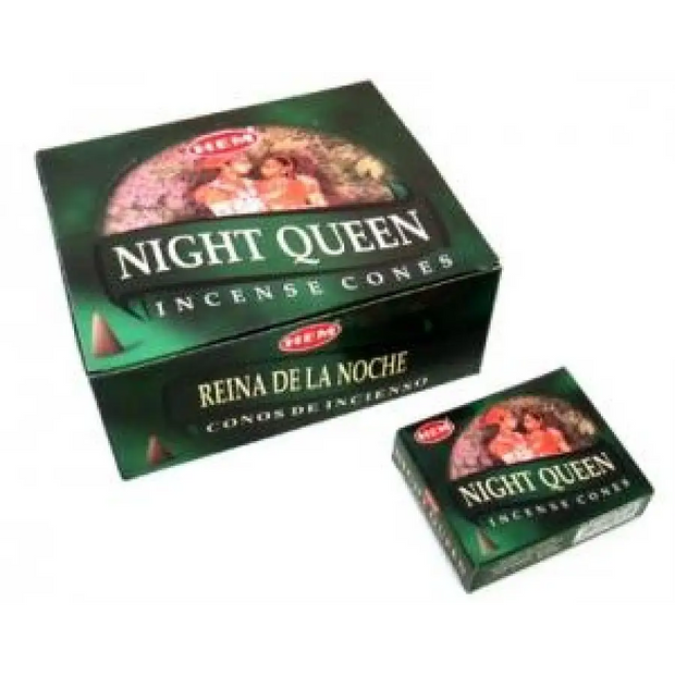 Box of HEM Night Queen Incense Cones with individual cones displayed, set against a white background. Perfect for mystery, sensuality, and magical evenings.