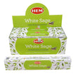 Box of HEM Premium White Sage Incense Sticks with individual sticks displayed, set against a white background. Perfect for purification, clarity, and sacred cleansing.
