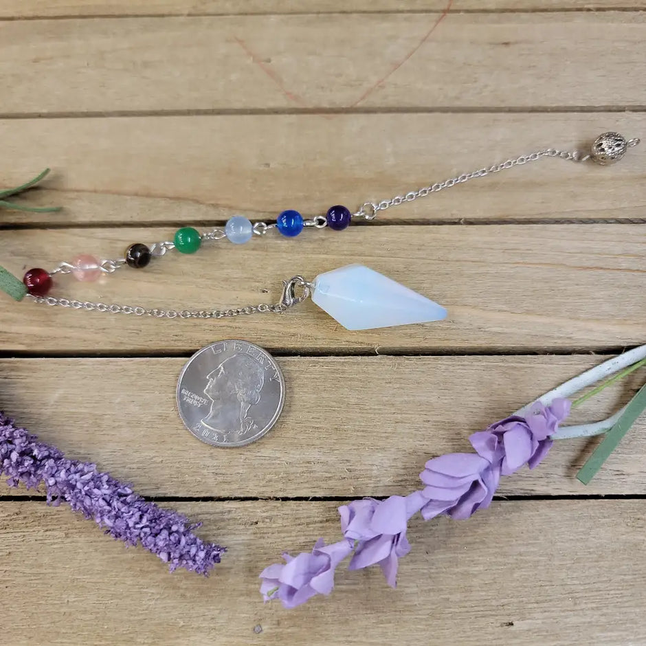HEXAGON POINTED PENDULUM W/CHACKRA CHAIN - OPALITE - Pendulums & Mats