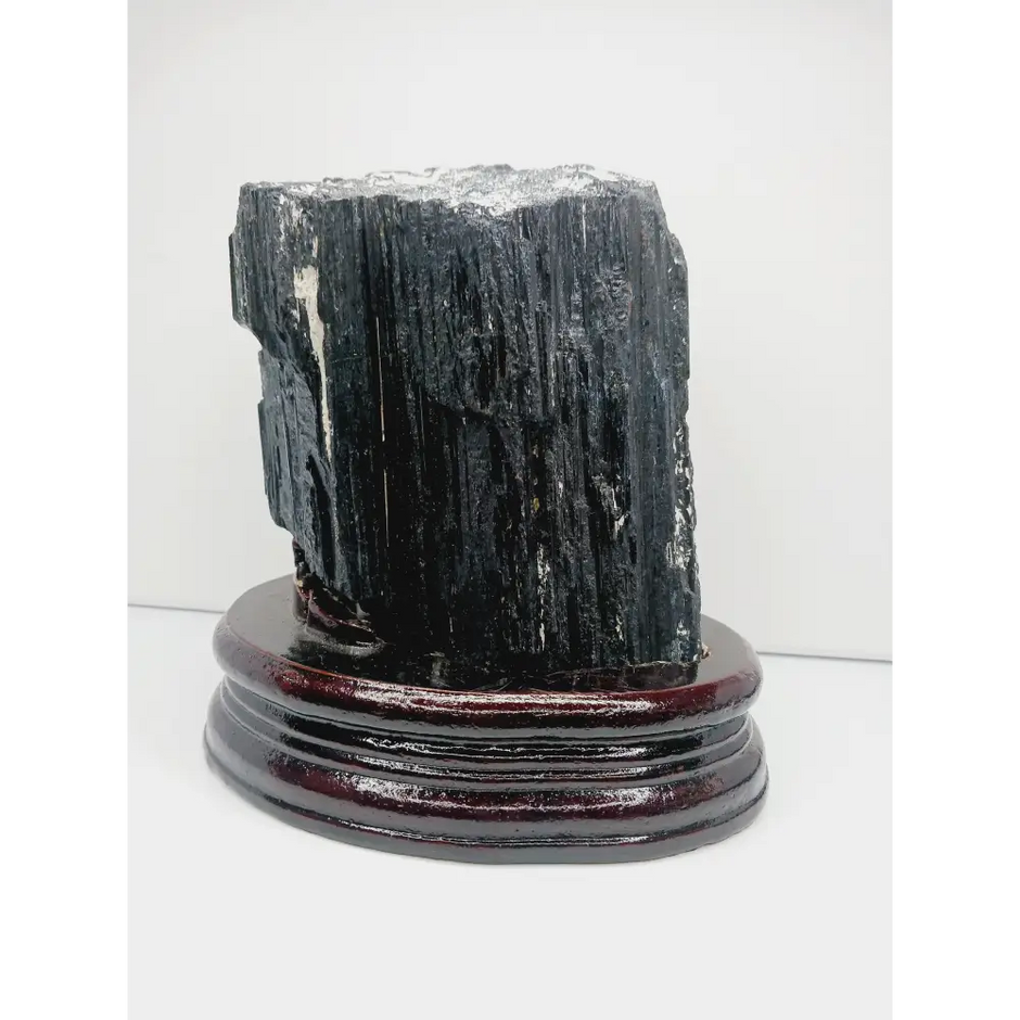 🖤🌳 Large Black Tourmaline on Wood Stand – Protection Grounding and Bold Energy ✨ - Specimens