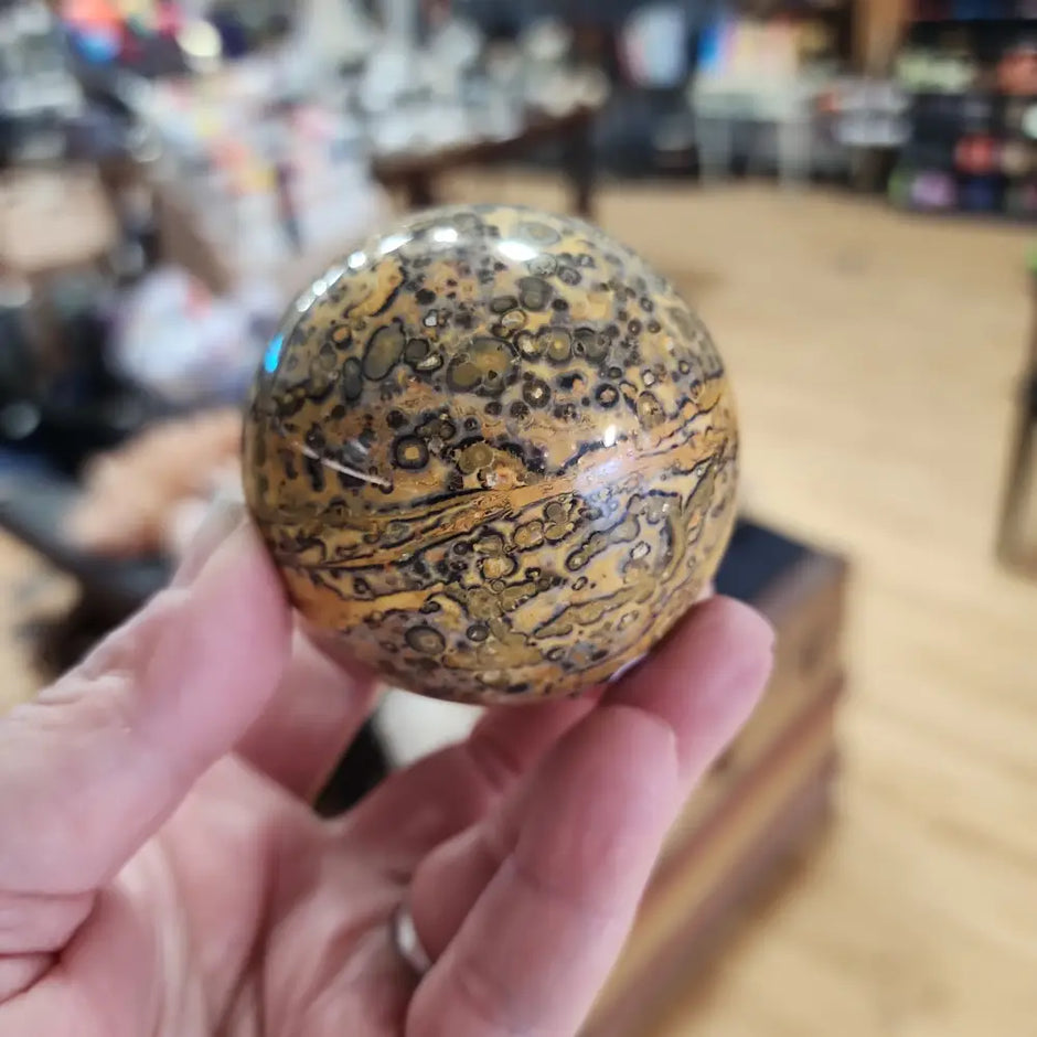 Hand-polished Leopard Skin Jasper sphere featuring bold, spotted patterns in earthy tones, displayed on a white background.