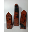Hand-carved Mahogany Obsidian tower with rich brown and black swirls, displayed on a white background.