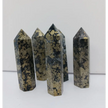 Hand-carved Pyrite with Black Quartz tower, 3.75 to 4 inches tall, featuring golden pyrite sparkles and deep black quartz, displayed on a white background.