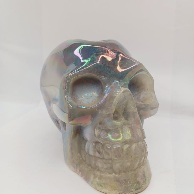 Agate Aura Coated Druzy Skull (6 x 4") – Sparkly Statement Carving for Display