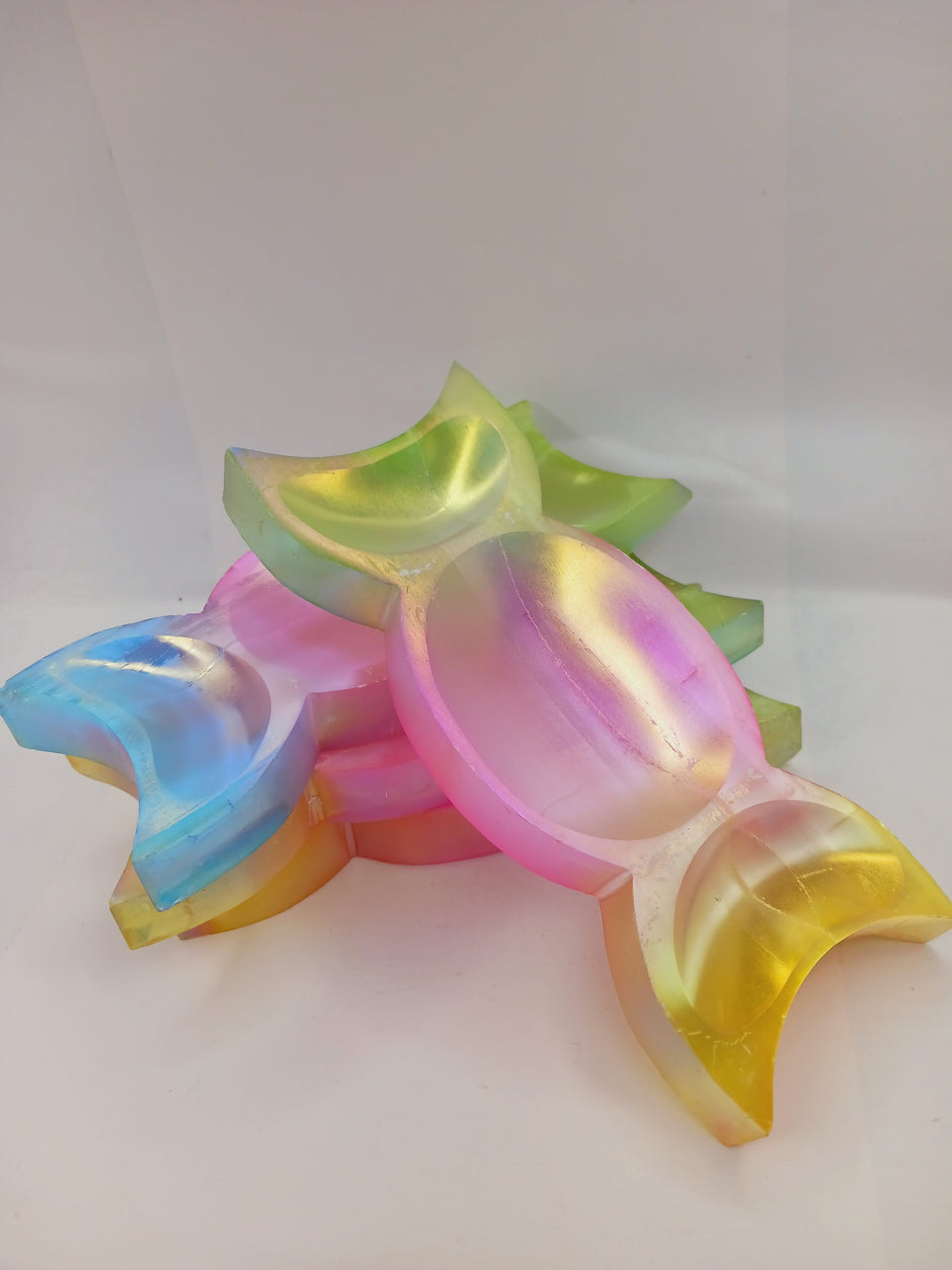 Triple Moon Selenite Aura Coated Offering Bowl (6.25") – Rainbow Crystal Bowl for Altar Use