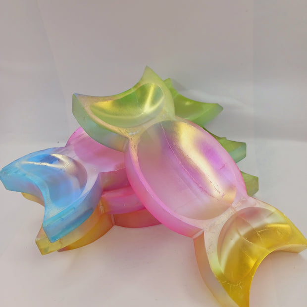 Triple Moon Selenite Aura Coated Offering Bowl (6.25") – Rainbow Crystal Bowl for Altar Use