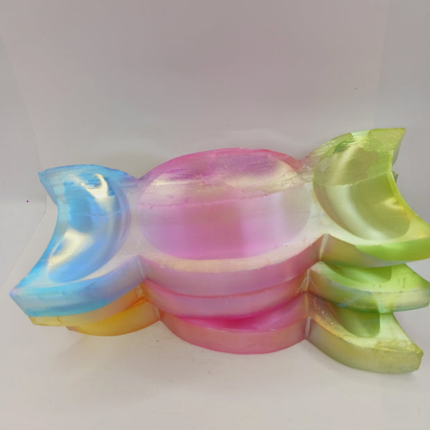 Triple Moon Selenite Aura Coated Offering Bowl (6.25") – Rainbow Crystal Bowl for Altar Use