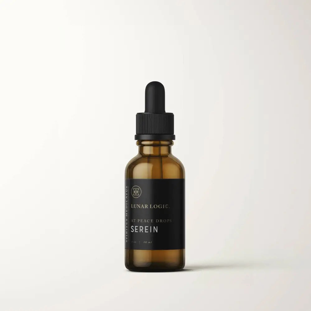 1oz glass bottle of SEREIN / At Peace Drops with glass pipette, displayed on a white background. Perfect for evening serenity, nervous system support, and restorative calm.