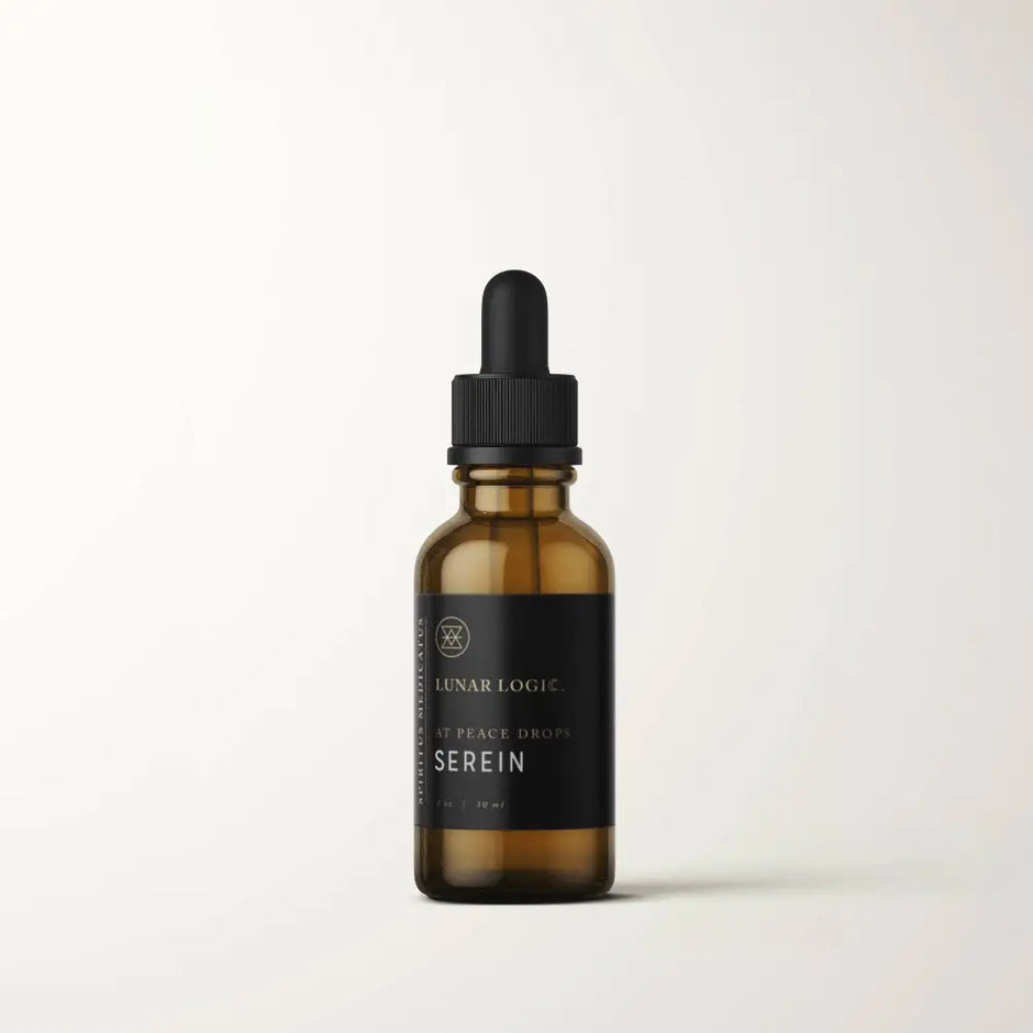 1oz glass bottle of SEREIN / At Peace Drops with glass pipette, displayed on a white background. Perfect for evening serenity, nervous system support, and restorative calm.