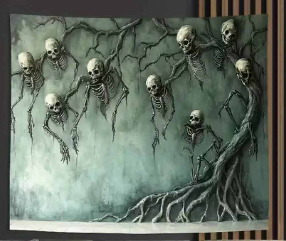 💀🌿 Skull and Vine Design Tapestry with Hanging Skeletons (70.87 x 118.1 in) – Gothic Glamour Haunted Whimsy