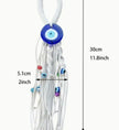 White lanyard with colorful evil eye charms and measurements on a white background