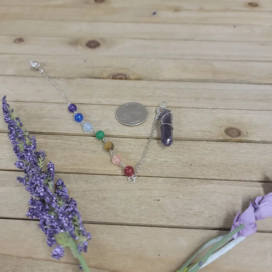WIRE WRAPPED CRYSTAL PENDULUM W/CHAKRA CHAIN - AMETHYST - Pendulums & Mats