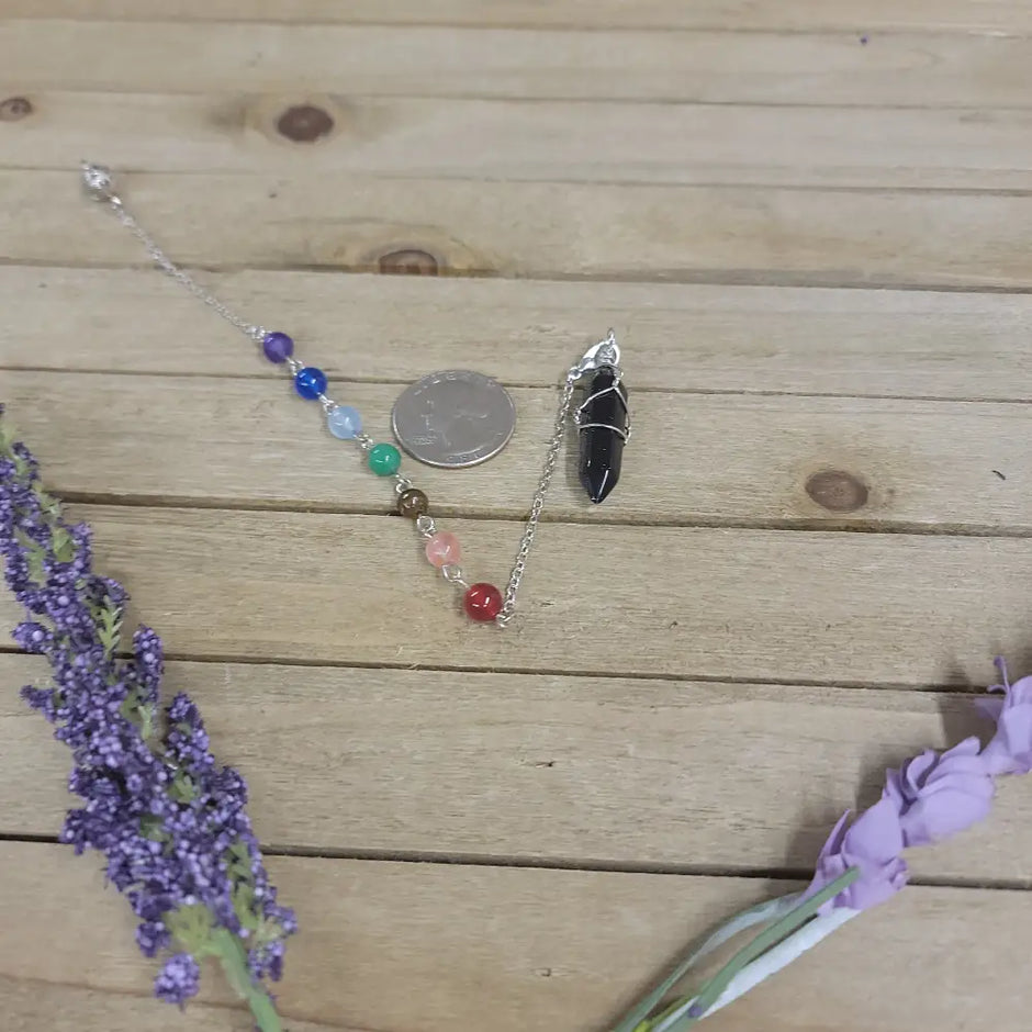 WIRE WRAPPED CRYSTAL PENDULUM W/CHAKRA CHAIN - BLUE SANDSTONE - Pendulums & Mats