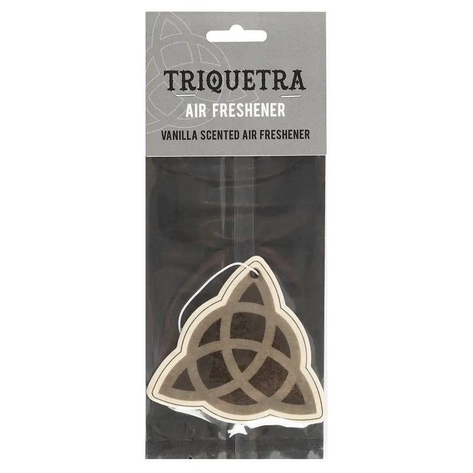 Assorted witchy-themed car air fresheners featuring mystical symbols and enchanting designs, displayed in a car setting.